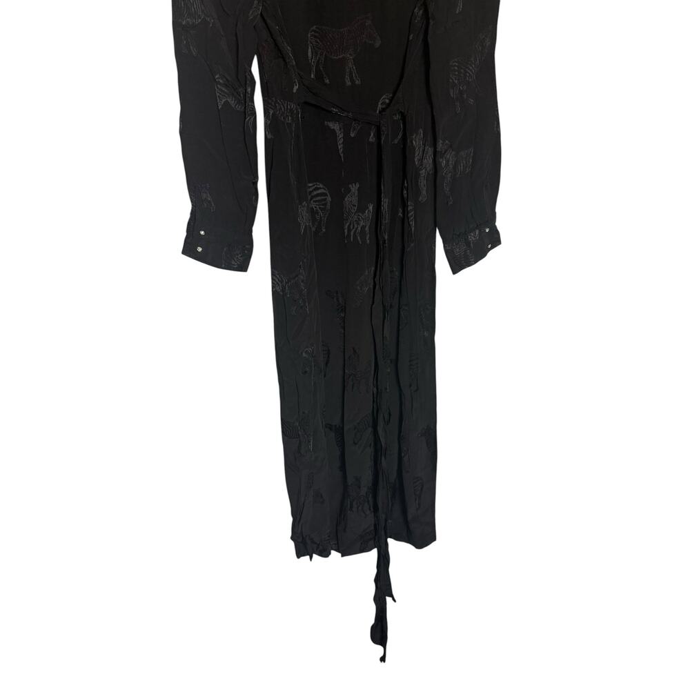 Black Tonal Zebra Print Long Sleeve Asymmetric Button Tie Waist Maxi Dress M - Picture 5 of 7